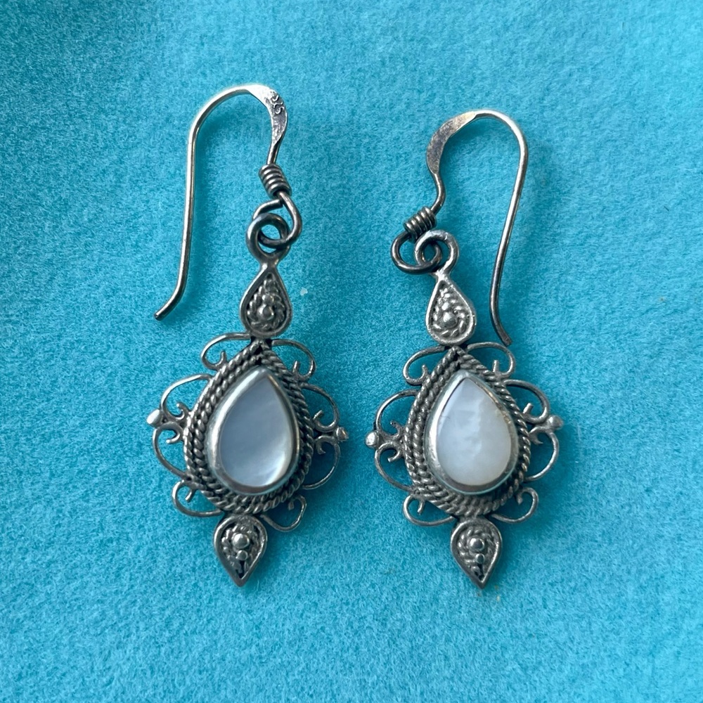 Sterling Silver Dangle Earrings White Gem Center